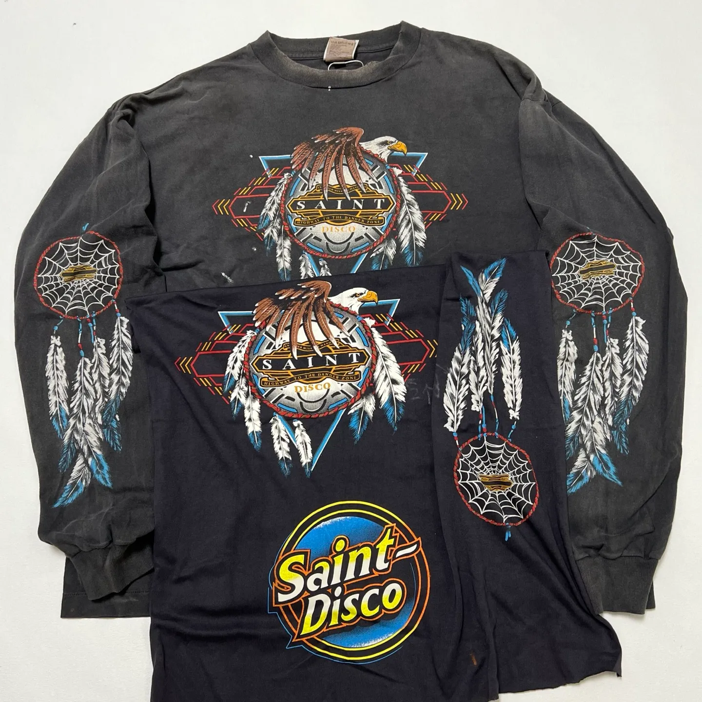 Authentic level printing technology SAINT Mxxxxxx x TEFLON DISCO SAINT DISCO ML_LS TEE/BLK Eagle Feather Spider Web Distressed Long Sleeve S-XL Ready-to-wear Assute dyeing Maliu water spray fading treatment Customized TEFLON DISCO co-branded accessories Hand-splashed ink Wormhole fraying treatment